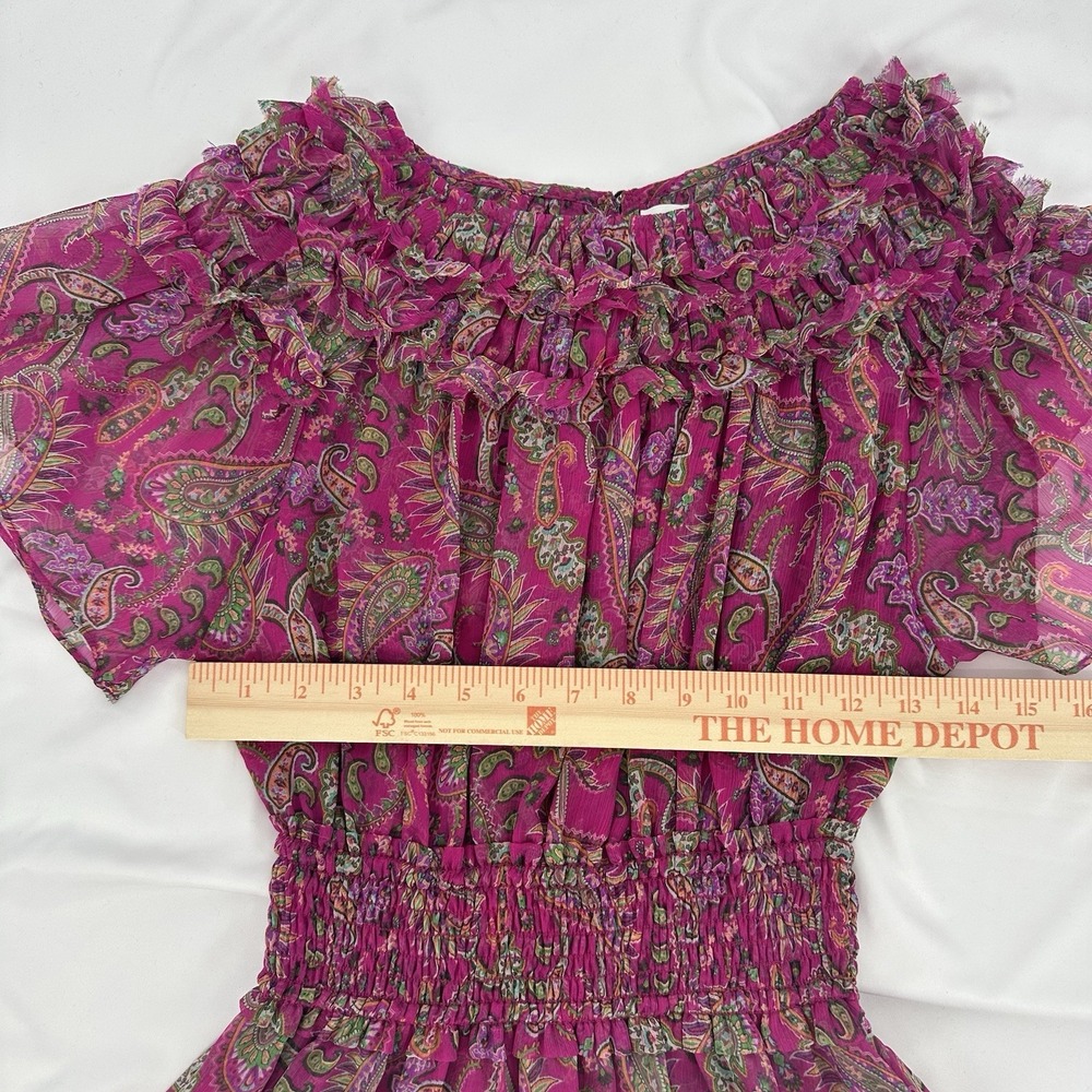 MISA Los Angeles Sz XS Fuschia Paisley Chiffon Mini Dress Smocked Waist Ruffle - Picture 8 of 9